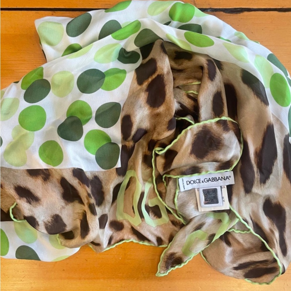 Vintage Dolce & Gabbana Leopard Print Polka Dot Silk Scarf 18”x18”